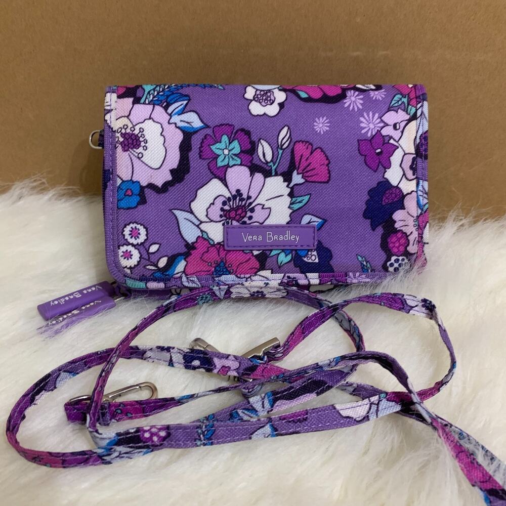 VERA BRADLEY Purple Enchanted Garden Floral LIGHTEN UP Crossbody Wallet RFID